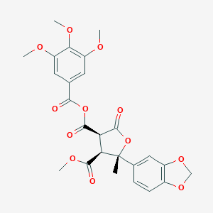 molecular formula C25H24O12 B050774 3-O-methyl 4-O-(3,4,5-trimethoxybenzoyl) (2S,3S,4R)-2-(1,3-benzodioxol-5-yl)-2-methyl-5-oxooxolane-3,4-dicarboxylate CAS No. 122860-98-4