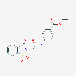 molecular formula C18H16N2O6S B508445 ethyl 4-(2-(1,1-dioxido-3-oxobenzo[d]isothiazol-2(3H)-yl)acetamido)benzoate CAS No. 522605-47-6