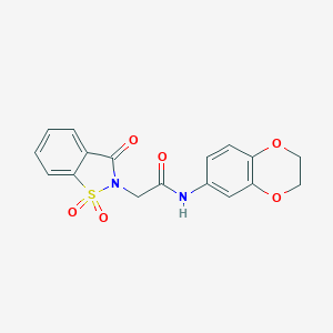 molecular formula C17H14N2O6S B508477 N-(2,3-dihydro-1,4-benzodioxin-6-yl)-2-(1,1,3-trioxo-1,2-benzothiazol-2-yl)acetamide CAS No. 452326-80-6