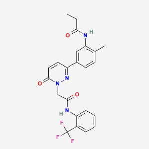 molecular formula C23H21F3N4O3 B5090133 N-{2-methyl-5-[6-oxo-1-(2-oxo-2-{[2-(trifluoromethyl)phenyl]amino}ethyl)-1,6-dihydropyridazin-3-yl]phenyl}propanamide 