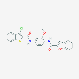 molecular formula C25H17ClN2O4S B509217 N-(4-{[(3-chloro-1-benzothien-2-yl)carbonyl]amino}-2-methoxyphenyl)-1-benzofuran-2-carboxamide CAS No. 443635-18-5