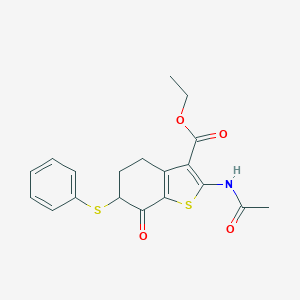 molecular formula C19H19NO4S2 B510433 Ethyl 2-(acetylamino)-7-oxo-6-(phenylsulfanyl)-4,5,6,7-tetrahydro-1-benzothiophene-3-carboxylate CAS No. 128811-97-2