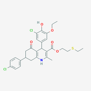 molecular formula C29H31Cl2NO5S B5108908 2-(Ethylsulfanyl)ethyl 4-(3-chloro-5-ethoxy-4-hydroxyphenyl)-7-(4-chlorophenyl)-2-methyl-5-oxo-1,4,5,6,7,8-hexahydroquinoline-3-carboxylate 