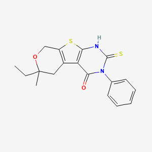 molecular formula C18H18N2O2S2 B5113697 12-ethyl-12-methyl-4-phenyl-5-sulfanylidene-11-oxa-8-thia-4,6-diazatricyclo[7.4.0.02,7]trideca-1(9),2(7)-dien-3-one 