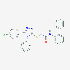 molecular formula C28H21ClN4OS B511372 2-[[5-(4-chlorophenyl)-4-phenyl-1,2,4-triazol-3-yl]sulfanyl]-N-(2-phenylphenyl)acetamide CAS No. 332946-74-4