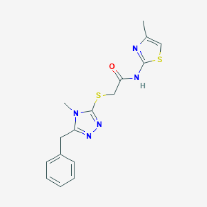 molecular formula C16H17N5OS2 B511918 2-[(5-benzyl-4-methyl-4H-1,2,4-triazol-3-yl)sulfanyl]-N-(4-methyl-1,3-thiazol-2-yl)acetamide CAS No. 557059-78-6