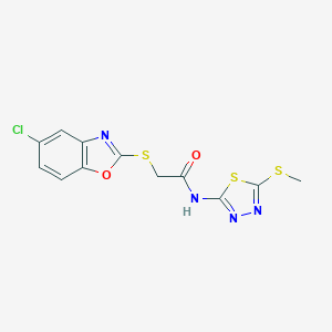molecular formula C12H9ClN4O2S3 B511947 2-[(5-chloro-1,3-benzoxazol-2-yl)sulfanyl]-N-[5-(methylsulfanyl)-1,3,4-thiadiazol-2-yl]acetamide CAS No. 919470-08-9