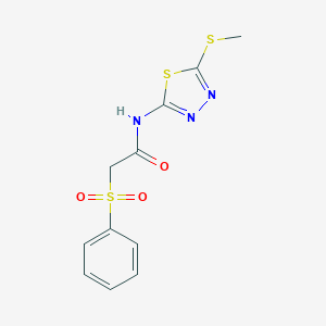 molecular formula C11H11N3O3S3 B511955 N-[5-(methylsulfanyl)-1,3,4-thiadiazol-2-yl]-2-(phenylsulfonyl)acetamide CAS No. 919471-38-8
