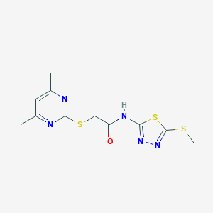 molecular formula C11H13N5OS3 B511969 2-[(4,6-dimethylpyrimidin-2-yl)sulfanyl]-N-[5-(methylsulfanyl)-1,3,4-thiadiazol-2-yl]acetamide CAS No. 919472-75-6