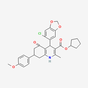 molecular formula C30H30ClNO6 B5121517 Cyclopentyl 4-(6-chloro-1,3-benzodioxol-5-yl)-7-(4-methoxyphenyl)-2-methyl-5-oxo-1,4,5,6,7,8-hexahydroquinoline-3-carboxylate 