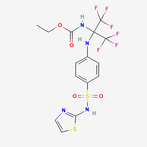 molecular formula C15H14F6N4O4S2 B5127802 ETHYL N-[1,1,1,3,3,3-HEXAFLUORO-2-({4-[(1,3-THIAZOL-2-YL)SULFAMOYL]PHENYL}AMINO)PROPAN-2-YL]CARBAMATE 