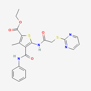 molecular formula C21H20N4O4S2 B5150957 ethyl 4-(anilinocarbonyl)-3-methyl-5-{[(2-pyrimidinylthio)acetyl]amino}-2-thiophenecarboxylate 
