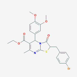 molecular formula C25H25BrN2O5S B515262 ethyl 2-(4-bromobenzyl)-5-(3,4-dimethoxyphenyl)-7-methyl-3-oxo-2,3-dihydro-5H-[1,3]thiazolo[3,2-a]pyrimidine-6-carboxylate 