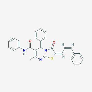 molecular formula C29H23N3O2S B515276 7-methyl-3-oxo-N,5-diphenyl-2-(3-phenyl-2-propenylidene)-2,3-dihydro-5H-[1,3]thiazolo[3,2-a]pyrimidine-6-carboxamide 