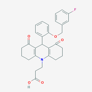 molecular formula C29H28FNO5 B515291 3-(9-{2-[(3-fluorobenzyl)oxy]phenyl}-1,8-dioxo-2,3,4,5,6,7,8,9-octahydro-10(1H)-acridinyl)propanoic acid 