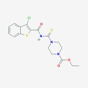 molecular formula C17H18ClN3O3S2 B515308 Ethyl 4-({[(3-chloro-1-benzothien-2-yl)carbonyl]amino}carbothioyl)-1-piperazinecarboxylate 
