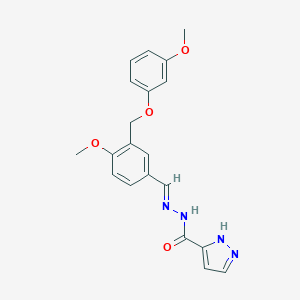 molecular formula C20H20N4O4 B515310 N'-{4-methoxy-3-[(3-methoxyphenoxy)methyl]benzylidene}-1H-pyrazole-3-carbohydrazide 