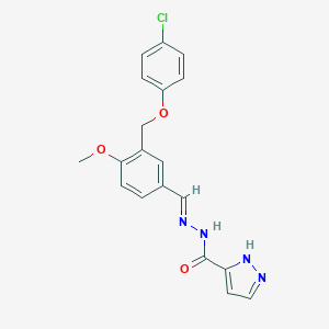 molecular formula C19H17ClN4O3 B515322 N'-{3-[(4-chlorophenoxy)methyl]-4-methoxybenzylidene}-1H-pyrazole-3-carbohydrazide 