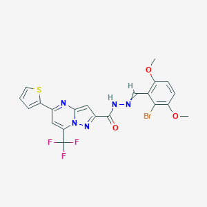 molecular formula C21H15BrF3N5O3S B515334 N'-(2-bromo-3,6-dimethoxybenzylidene)-5-(2-thienyl)-7-(trifluoromethyl)pyrazolo[1,5-a]pyrimidine-2-carbohydrazide 