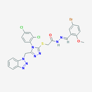 molecular formula C25H19BrCl2N8O2S B515345 2-{[5-(1H-benzotriazol-1-ylmethyl)-4-(2,4-dichlorophenyl)-4H-1,2,4-triazol-3-yl]sulfanyl}-N'-[(E)-(5-bromo-2-methoxyphenyl)methylidene]acetohydrazide 