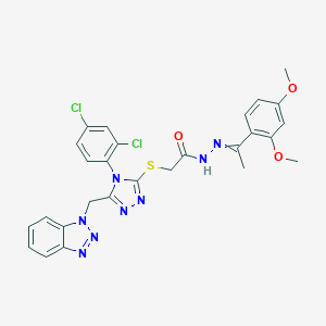molecular formula C27H24Cl2N8O3S B515346 2-{[5-(1H-benzotriazol-1-ylmethyl)-4-(2,4-dichlorophenyl)-4H-1,2,4-triazol-3-yl]sulfanyl}-N'-[1-(2,4-dimethoxyphenyl)ethylidene]acetohydrazide 