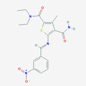 molecular formula C18H20N4O4S B515354 N~2~,N~2~-diethyl-5-({3-nitrobenzylidene}amino)-3-methyl-2,4-thiophenedicarboxamide 