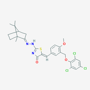 molecular formula C28H28Cl3N3O3S B515393 (5Z)-5-[[4-methoxy-3-[(2,4,6-trichlorophenoxy)methyl]phenyl]methylidene]-2-[(2E)-2-(1,7,7-trimethyl-2-bicyclo[2.2.1]heptanylidene)hydrazinyl]-1,3-thiazol-4-one 