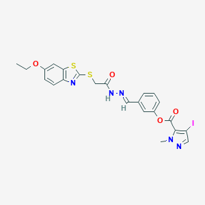 molecular formula C23H20IN5O4S2 B515419 3-[(E)-(2-{[(6-ethoxy-1,3-benzothiazol-2-yl)sulfanyl]acetyl}hydrazinylidene)methyl]phenyl 4-iodo-1-methyl-1H-pyrazole-5-carboxylate 