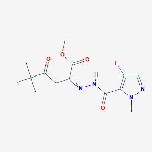 molecular formula C14H19IN4O4 B515430 Hexanoic acid, 2-(4-iodo-1-methyl-5-pyrazolylcarbonylhydrazono)-5,5-dimethyl-4-oxo-, methyl ester 