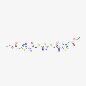 molecular formula C20H22N6O6S5 B5157792 Ethyl 2-[2-[[2-[[5-[2-[[4-(2-ethoxy-2-oxoethyl)-1,3-thiazol-2-yl]amino]-2-oxoethyl]sulfanyl-1,3,4-thiadiazol-2-yl]sulfanyl]acetyl]amino]-1,3-thiazol-5-yl]acetate 