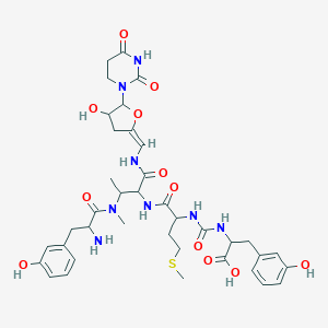 2-[[1-[[3-[[2-amino-3-(3-hydroxyphenyl)propanoyl]-methylamino]-1-[[(E)-[5-(2,4-dioxo-1,3-diazinan-1-yl)-4-hydroxyoxolan-2-ylidene]methyl]amino]-1-oxobutan-2-yl]amino]-4-methylsulfanyl-1-oxobutan-2-yl]carbamoylamino]-3-(3-hydroxyphenyl)propanoic acid