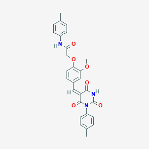molecular formula C28H25N3O6 B5159348 2-[2-methoxy-4-[(E)-[1-(4-methylphenyl)-2,4,6-trioxo-1,3-diazinan-5-ylidene]methyl]phenoxy]-N-(4-methylphenyl)acetamide 