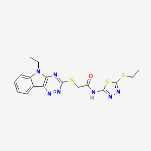 molecular formula C17H17N7OS3 B5160601 N-[5-(ethylsulfanyl)-1,3,4-thiadiazol-2-yl]-2-[(5-ethyl-5H-[1,2,4]triazino[5,6-b]indol-3-yl)sulfanyl]acetamide 
