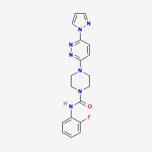 molecular formula C18H18FN7O B5176656 N-(2-fluorophenyl)-4-[6-(1H-pyrazol-1-yl)pyridazin-3-yl]piperazine-1-carboxamide 