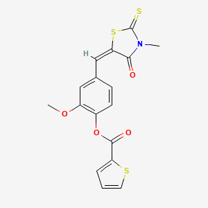 molecular formula C17H13NO4S3 B5180103 2-METHOXY-4-{[(5E)-3-METHYL-4-OXO-2-SULFANYLIDENE-1,3-THIAZOLIDIN-5-YLIDENE]METHYL}PHENYL THIOPHENE-2-CARBOXYLATE 