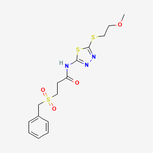 molecular formula C15H19N3O4S3 B5181910 N-{5-[(2-METHOXYETHYL)SULFANYL]-1,3,4-THIADIAZOL-2-YL}-3-PHENYLMETHANESULFONYLPROPANAMIDE 