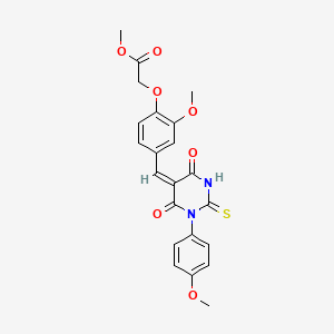 molecular formula C22H20N2O7S B5183044 methyl (2-methoxy-4-{(E)-[1-(4-methoxyphenyl)-4,6-dioxo-2-thioxotetrahydropyrimidin-5(2H)-ylidene]methyl}phenoxy)acetate 