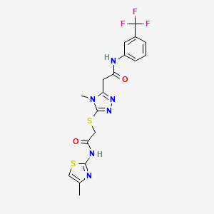 molecular formula C18H17F3N6O2S2 B5183071 2-[4-methyl-5-({2-[(4-methyl-1,3-thiazol-2-yl)amino]-2-oxoethyl}sulfanyl)-4H-1,2,4-triazol-3-yl]-N-[3-(trifluoromethyl)phenyl]acetamide 