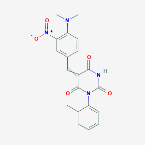 molecular formula C20H18N4O5 B5185853 5-[[4-(Dimethylamino)-3-nitrophenyl]methylidene]-1-(2-methylphenyl)-1,3-diazinane-2,4,6-trione 