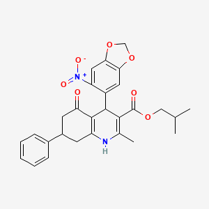 molecular formula C28H28N2O7 B5186043 2-Methylpropyl 2-methyl-4-(6-nitro-1,3-benzodioxol-5-yl)-5-oxo-7-phenyl-1,4,5,6,7,8-hexahydroquinoline-3-carboxylate 