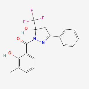 molecular formula C18H15F3N2O3 B5199461 (2-hydroxy-3-methylphenyl)[5-hydroxy-3-phenyl-5-(trifluoromethyl)-4,5-dihydro-1H-pyrazol-1-yl]methanone 