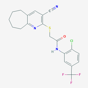 molecular formula C20H17ClF3N3OS B5216609 N-[2-chloro-5-(trifluoromethyl)phenyl]-2-[(3-cyano-6,7,8,9-tetrahydro-5H-cyclohepta[b]pyridin-2-yl)sulfanyl]acetamide 