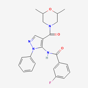 molecular formula C23H23FN4O3 B5220306 N-{4-[(2,6-dimethylmorpholin-4-yl)carbonyl]-1-phenyl-1H-pyrazol-5-yl}-3-fluorobenzamide 