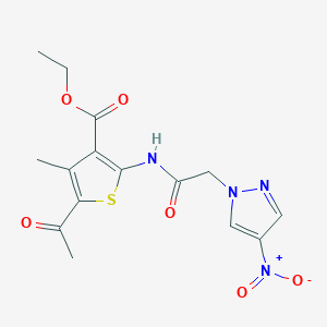 molecular formula C15H16N4O6S B5227804 ETHYL 5-ACETYL-4-METHYL-2-[2-(4-NITRO-1H-PYRAZOL-1-YL)ACETAMIDO]THIOPHENE-3-CARBOXYLATE 