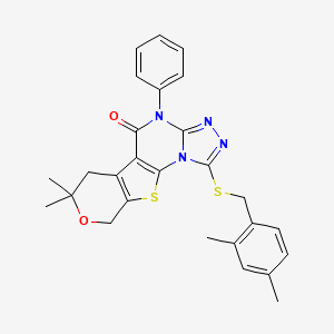molecular formula C27H26N4O2S2 B5229969 3-[(2,4-dimethylphenyl)methylsulfanyl]-12,12-dimethyl-7-phenyl-13-oxa-16-thia-2,4,5,7-tetrazatetracyclo[7.7.0.02,6.010,15]hexadeca-1(9),3,5,10(15)-tetraen-8-one 