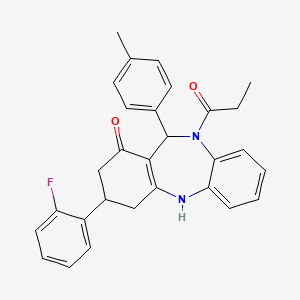 molecular formula C29H27FN2O2 B5233641 3-(2-fluorophenyl)-11-(4-methylphenyl)-10-propanoyl-2,3,4,5,10,11-hexahydro-1H-dibenzo[b,e][1,4]diazepin-1-one 