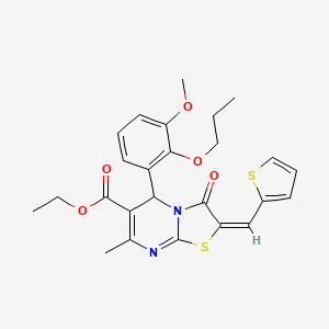 molecular formula C25H26N2O5S2 B5257657 ethyl (2E)-5-(3-methoxy-2-propoxyphenyl)-7-methyl-3-oxo-2-(thiophen-2-ylmethylidene)-5H-[1,3]thiazolo[3,2-a]pyrimidine-6-carboxylate 