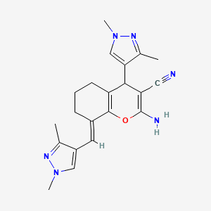 molecular formula C21H24N6O B5259165 2-AMINO-4-(1,3-DIMETHYL-1H-PYRAZOL-4-YL)-8-[(E)-1-(1,3-DIMETHYL-1H-PYRAZOL-4-YL)METHYLIDENE]-5,6,7,8-TETRAHYDRO-4H-CHROMEN-3-YL CYANIDE 