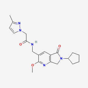 molecular formula C20H25N5O3 B5268411 N-[(6-cyclopentyl-2-methoxy-5-oxo-6,7-dihydro-5H-pyrrolo[3,4-b]pyridin-3-yl)methyl]-2-(3-methyl-1H-pyrazol-1-yl)acetamide 
