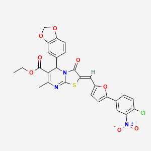 molecular formula C28H20ClN3O8S B5279548 Ethyl (2Z)-5-(2H-1,3-benzodioxol-5-YL)-2-{[5-(4-chloro-3-nitrophenyl)furan-2-YL]methylidene}-7-methyl-3-oxo-2H,3H,5H-[1,3]thiazolo[3,2-A]pyrimidine-6-carboxylate 